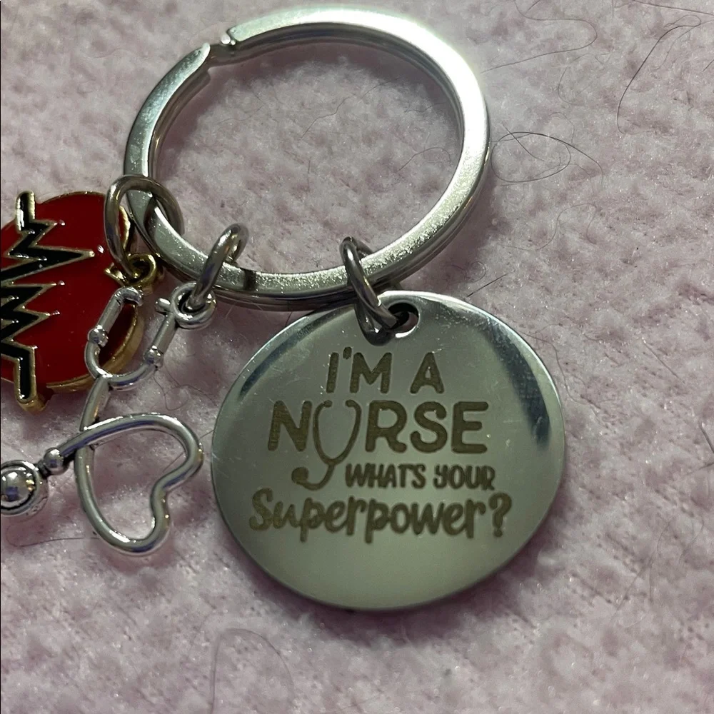 Keychain with Nurse Red Heart and Stethoscope Charms-silver tone